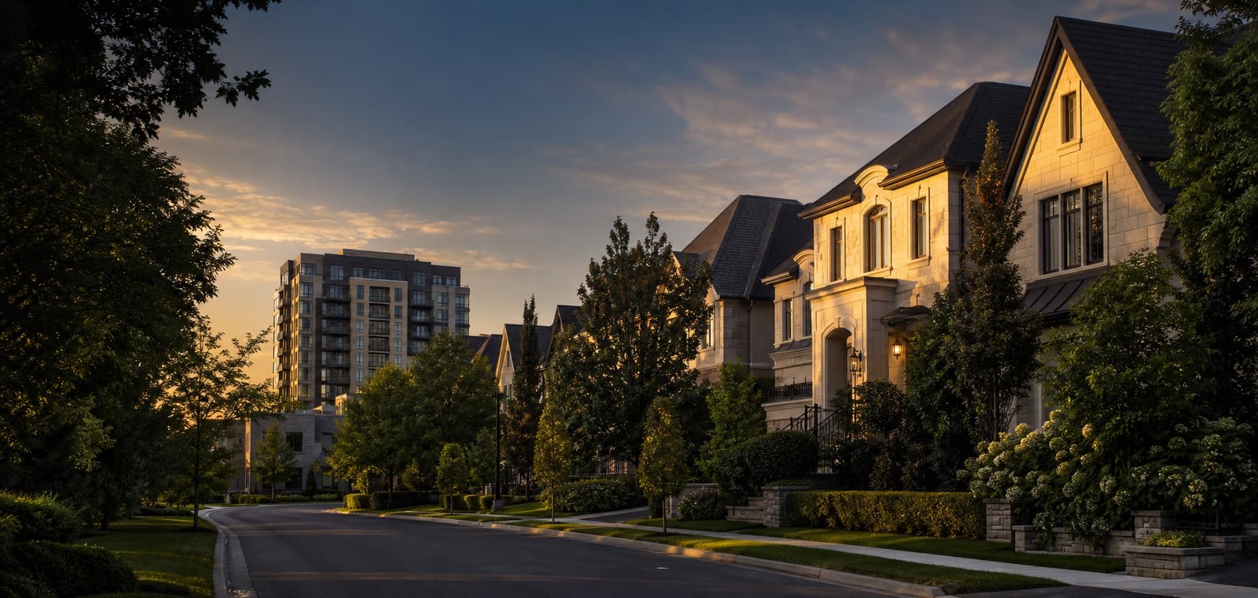 Premium Markham homes with a modern condo building in the distance